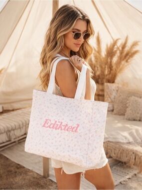 Edikted Floral Tote Bag Pink White Canvas Shopper Cottagecore Boho Large NWT